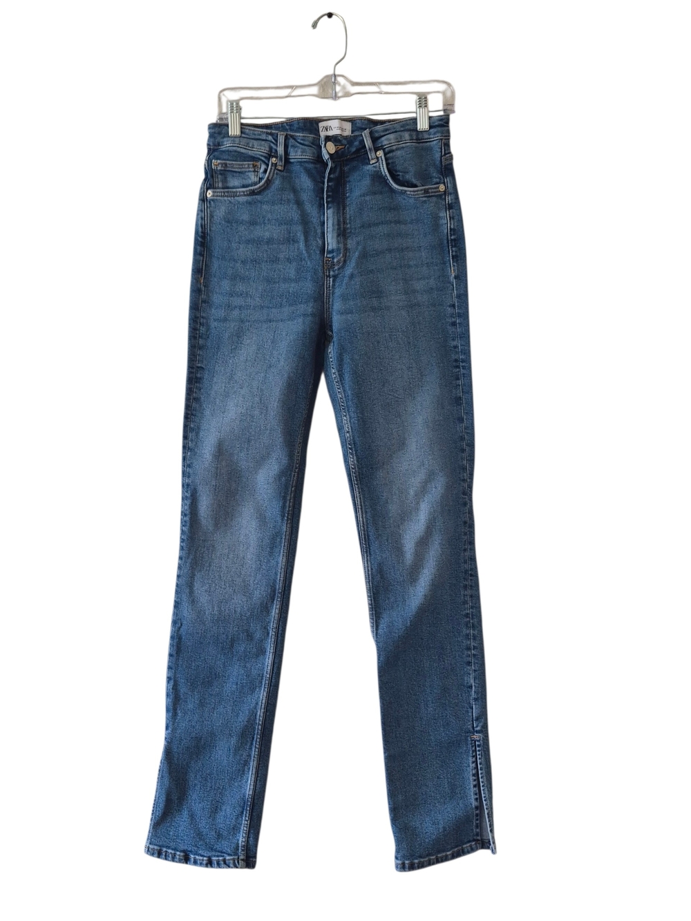 ZARA Jeans Straight Leg Womens 4 Blue High Rise Split Hem Medium Wash Casual